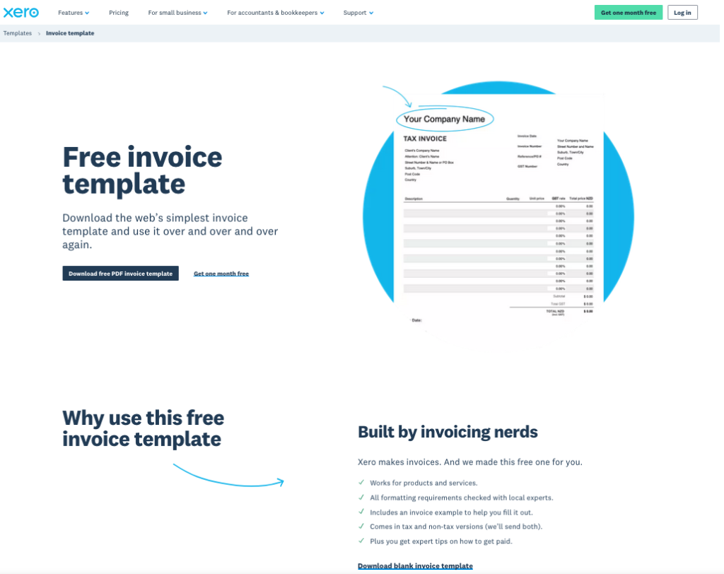 Landing page to download a free invoice template.